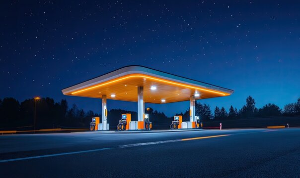 Night gas station under starry sky