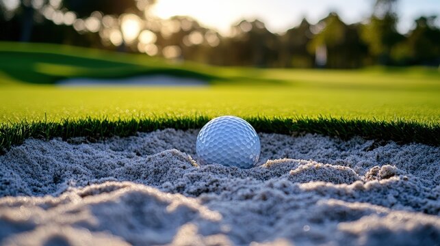 A golf ball rests in a sand bunker near the green on a sunny day, with trees and a blurred background in the distance.