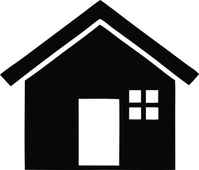 Simple black silhouette of a house with a pitched roof a rectangular door and a four pane window on a white background