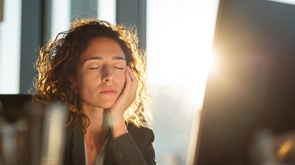 Young white woman with curly hair wearing dark blazer sitting at desk in modern office during sunrise resting head on hand with eyes closed next to computer and window