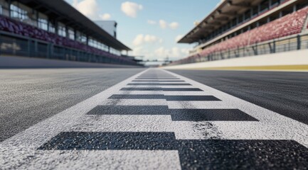 Fototapeta premium Racing track asphalt with checkered flag, grandstands