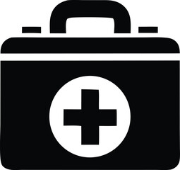 Simple black and white icon of a medical first aid kit with a white cross inside a circle on its front