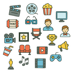 Colorful cartoon icon collection of movies with film reel popcorn ticket 3D glasses director chair trophy camera and music notes