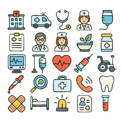 Colorful cartoon medical icon set with hospital ambulance stethoscope nurse doctor medicine heart syringe wheelchair and health symbols