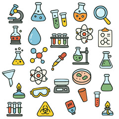 Colorful cartoon laboratory icon set with microscope, test tubes, flasks, atom, petri dish, dropper, and safety goggles for science fun