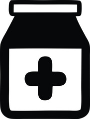 Simple black silhouette of a medicine bottle with a red cross symbol indicating health and medical care