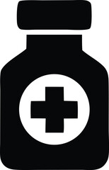 Simple black silhouette of a medicine bottle with a white circle containing a plus sign symbol representing healthcare or medical treatment