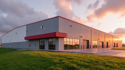 Obraz premium Modern industrial building with large windows, red accents, and grassy area. sunset casts warm glow on structure, creating serene atmosphere