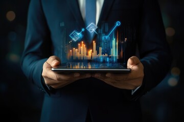 Businessman holds tablet with holographic financial data overlay