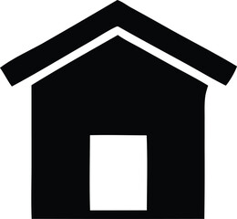 Simple black silhouette of a house with a gable roof and a rectangular doorway opening on a white background