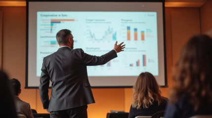 Professional presentation conference setting showcases data analysis and business insights. speaker engages audience with visual aids