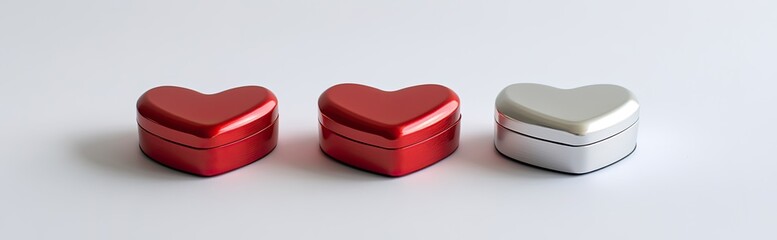 Three heart-shaped metal tins in red and silver