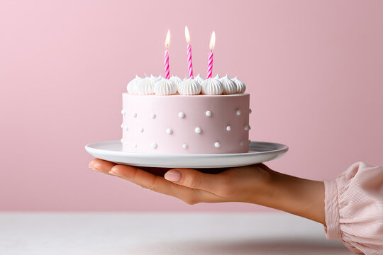 Elegant single hand holding a birthday cake with pink candles and frosting decorations against pink background