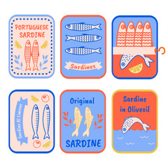 Hand drawn sardine tin illustrations. Vintage doodle style canned fish labels. Portuguese sardines, lemon olive oil seafood, retro fish packaging icons. 
Coastal Mediterranean product sketch art.