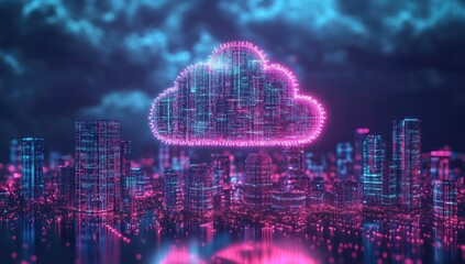 Futuristic city skyline with a glowing digital cloud