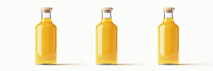 Three clear glass bottles with wooden lids, filled with a golden-yellow liquid