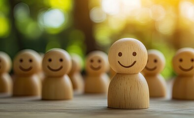 Wooden smiley figures; a happy figure stands out