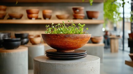 Microgreens in Rustic Orange Bowl on Concrete Pedestal