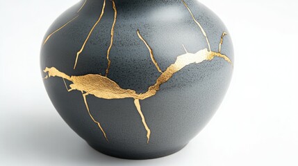Grey and Gold Cracked Ceramic Vase on white background