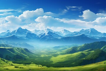 Fototapeta premium Breathtaking panorama of a vibrant green valley nestled beneath towering snow capped mountains, under a picturesque sky filled with fluffy white clouds