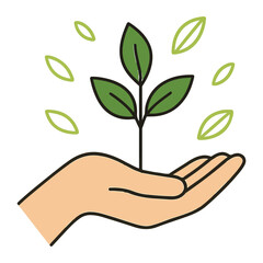 A Symbolic Representation of Growth, Nurturing, and Environmental Consciousness Depicting a Hand Gently Holding a Young Plant with Floating Leaves