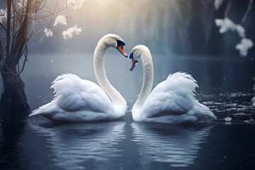 Fototapeta premium Two graceful swans form a heart shape with their necks while swimming on a misty lake