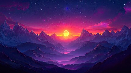 Colorful mountain range at sunrise or sunset.