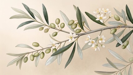 Fototapeta premium Seamless vintage olive branch pattern illustration with green leaves, floral elements, and decorative nature-inspired summer design