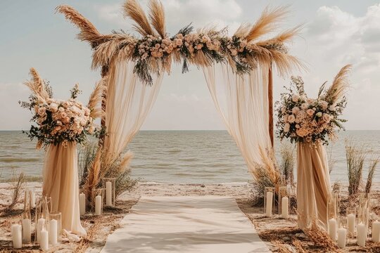Beach wedding ceremony arch adorned with pampas grass and blush flowers