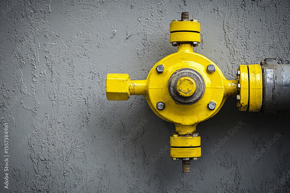 Aufkleber close-up view of yellow industrial pipe fitting on wall generative ai