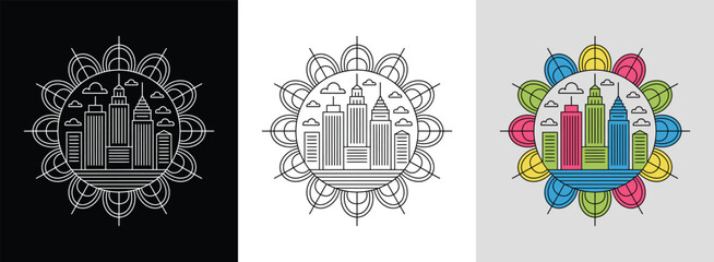 City skyline mandala with buildings, stars, and bright night sky accents for urban decor.