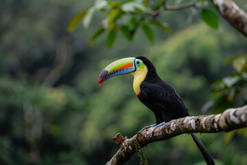 Fototapeta premium Colorful toucan perched on a branch in a lush green forest, showcasing its vibrant beak.