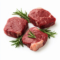 Obraz premium Raw beef steaks with fresh rosemary sprigs on white background Generative AI