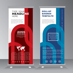 Mordern Roll Up Banner template vector illustration, vertical roll up banner with red and blue color, geometric, background, standy design , display, advertisement, pull up banner,