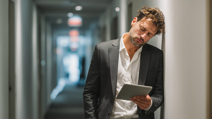 White man with wavy hair wearing dark suit standing in office hallway leaning against wall holding tablet with closed eyes in brightly lit modern corridor