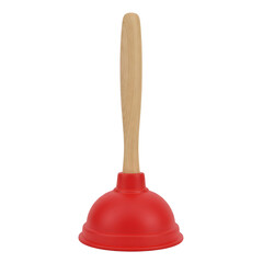 A classic red rubber plunger with a smooth wooden handle isolated on a clean white background