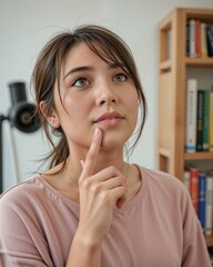 Fototapeta premium Thoughtful young woman pondering ideas in modern workspace