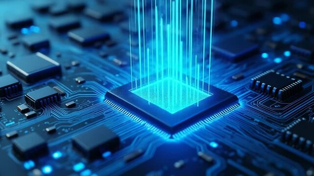 Central Processing Unit: High-tech image of a powerful CPU, showcasing its intricate circuitry and data streams.  The central processing unit glows with blue light.