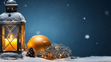 A lantern with a candle, an orange ornament, pine cones, and evergreen branches on snow. A blue background with falling snowflakes creates a winter atmosphere. - Powered by Adobe
