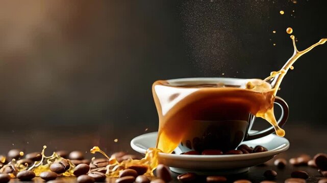Coffee splash in the cup: Experience the invigorating visual of a cup overflowing with rich, dark coffee, capturing the essence of a morning moment.