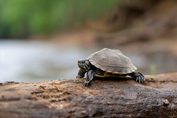 Fototapeta premium A small turtle rests on a log by a serene body of water during daytime.