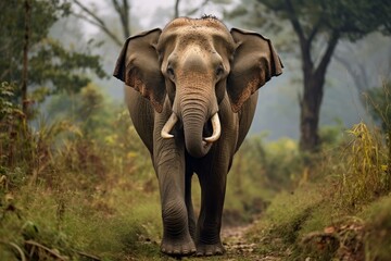 Fototapeta premium Majestic elephant with large tusks striding confidently through its natural habitat, a dense, vibrant green forest