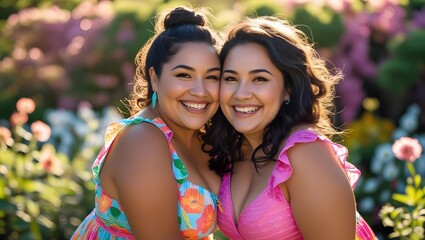 Twin Sisters' Sunshine Smiles: Captured in soft focus, the close-up reveals two beautiful sisters radiating warmth, their radiant smiles echoing the lush, floral backdrop.