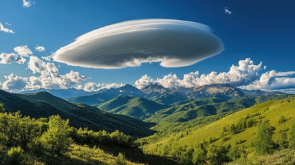 Lenticular Cloud Formation Over Lush Green Mountains
