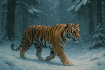 Obraz premium Bengal Tiger Stalking Through Snowy Forest – Majestic Wildlife in Winter Landscape, Symbol of Power and Grace in Nature 