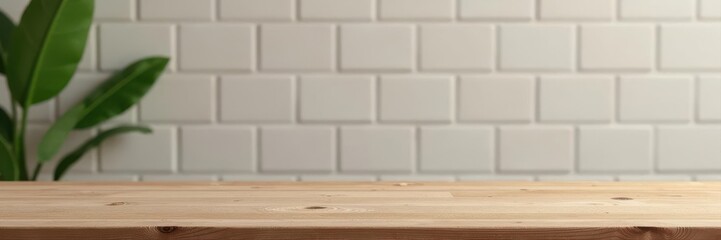 Clean wooden table, soft-focus bathroom tiles, picture, white