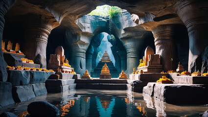 Fototapeta premium Ancient cave temple architecture reflected in still water under daylight illuminating interior
