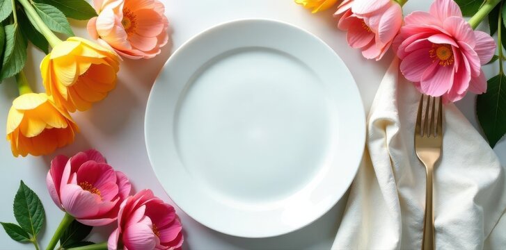 Empty plate, spring blooms, flatlay, floral table setting, minimal, card, pink