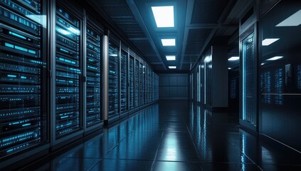 Dark server room, glowing tech