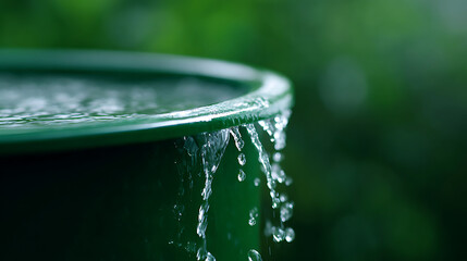 Rainwater harvesting system, close-up. Rain flows from gutter into green rain barrel. Water collection for garden irrigation. Sustainable resource management, eco-friendly solution for home.